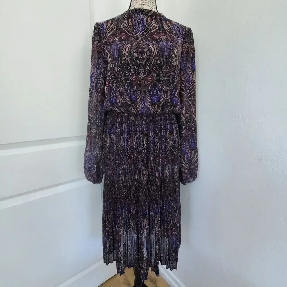 VERO MODA Midi Floral Pleated Long Sleeve Size Medium Sheer Flirty Lined Violet - Picture 1 of 16
